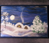 Панно - Картина из шерсти "Зима в деревне"