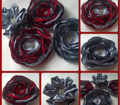Броши - Декоративные цветы из текстиля "Красный-серебро"