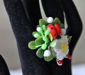 Комплекты украшений - Кольцо лэмпворк с цветком шиповника, кораллами, агатом "Шиповник"