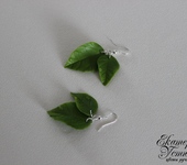 Серьги - Серьги Листья с каплями росы из полимерной глины (холодный фарфор)