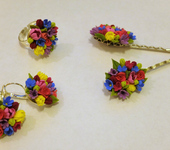 Комплекты украшений - Кольцо, серьги и невидимки с цветочками ручной работы из полимерной глины