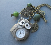 Часы - Часы кулон с натуральным зеленым нефритом Сова (украшения с камнями)